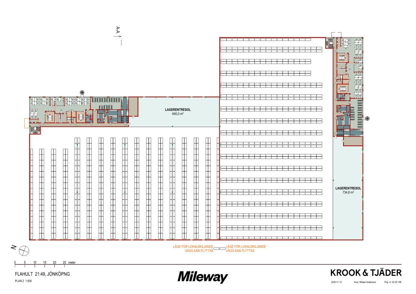 Arkitektonisk planritning som visar en stor lagerlokal med flera lagergångar, lastkajer och kontorsutrymmen, märkta med rumsfunktioner och företagets varumärke.