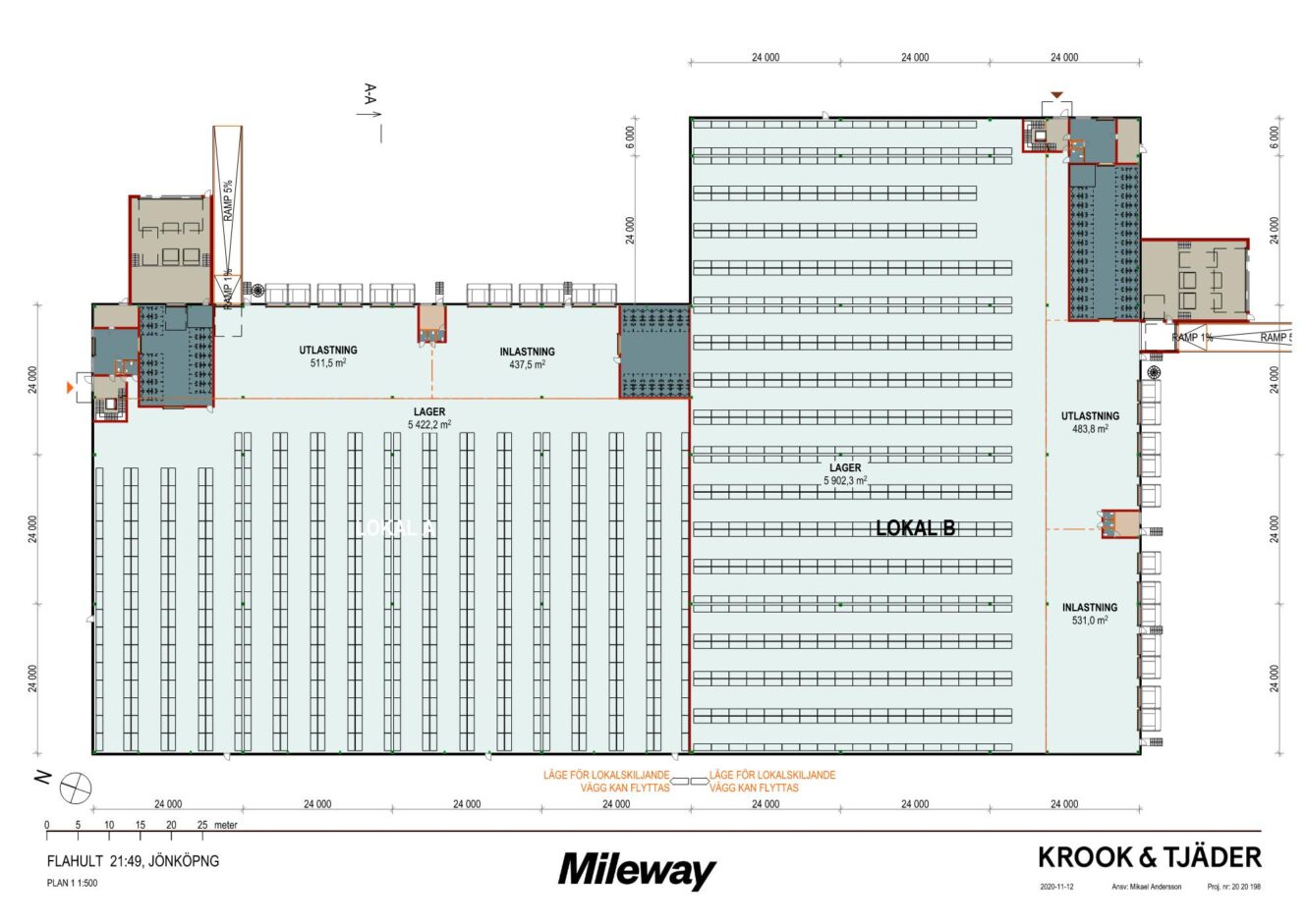 Arkitektonisk planritning över en lagerlokal märkt "Mileway", med lastkajer, lageravdelningar och kontorsutrymmen, med mått och avdelningsbeteckningar på svenska.