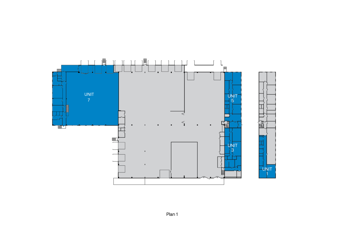 Planritning märkt "Plan 1" som visar flera enheter. Enheterna 1, 3, 5 och 7 är markerade med blått, resten av området visas i grått.