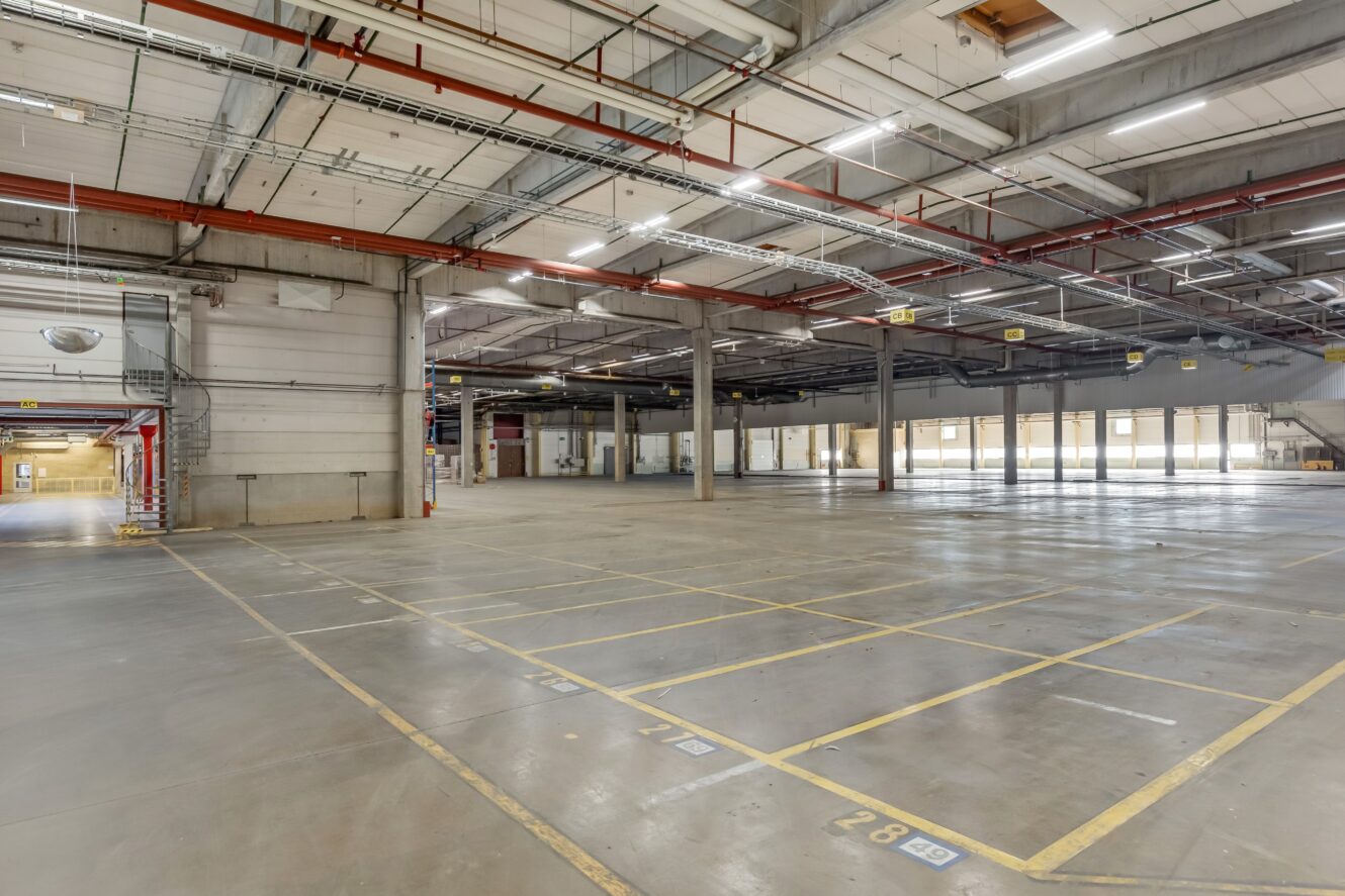 Rymlig, tom lagerlokal med betonggolv, markerade parkeringsplatser, stödpelare och synliga tak med rör och belysning.