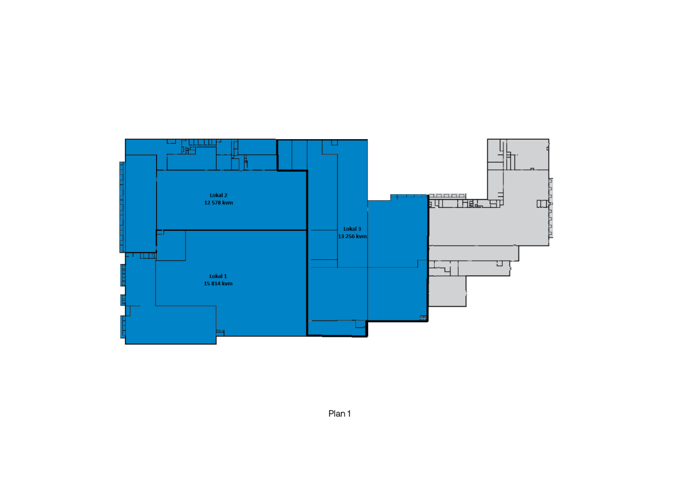 Planritning märkt Plan 1, som visar tre sammanhängande huvudrum i blått med deras ytor i kvadratmeter, och en angränsande sektion i grått.