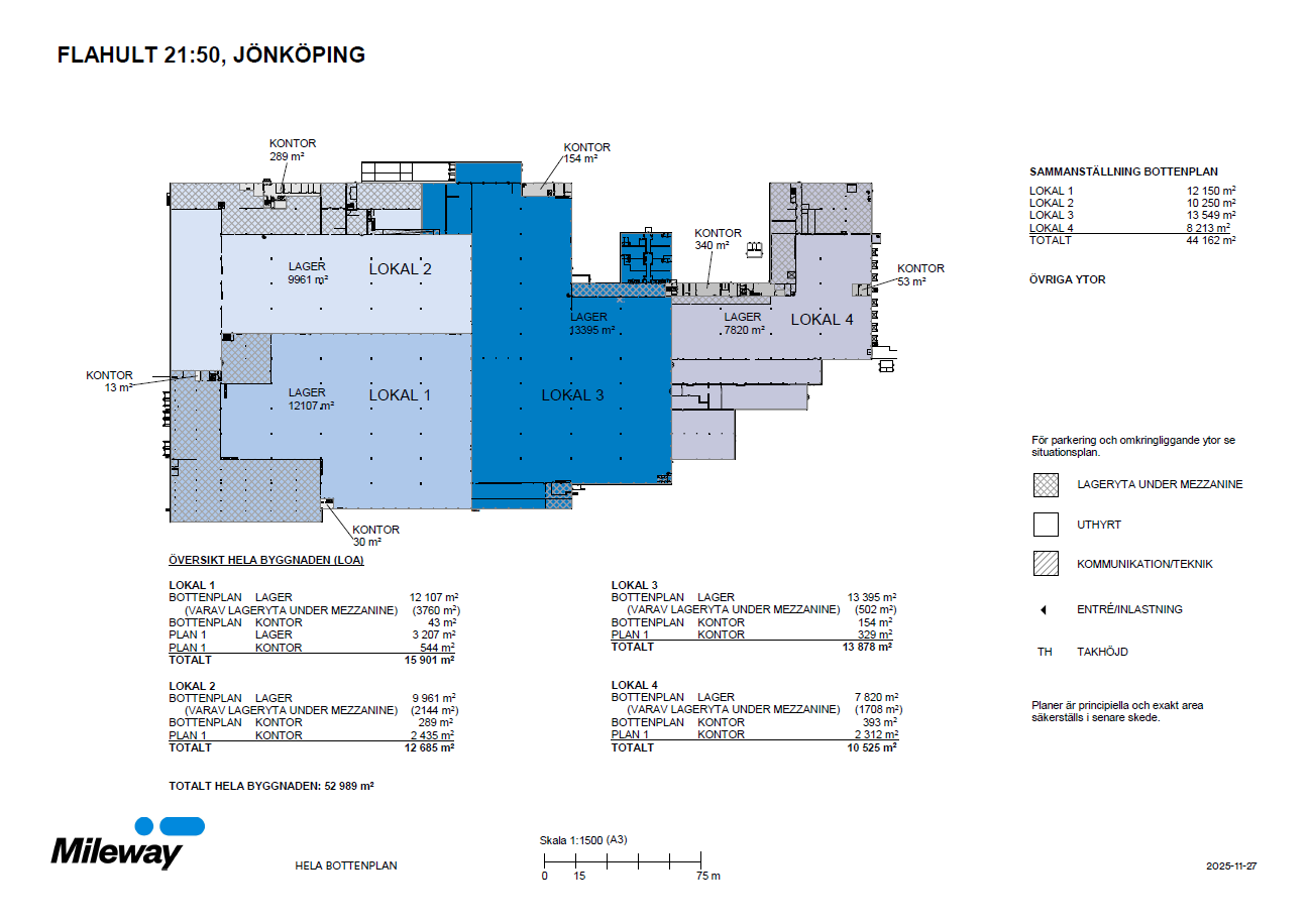 Planritning över en industrifastighet i Jönköping som visar olika sektioner märkta som kontor, lager och entresolplan, med areamått och färgkodad teckenförklaring.