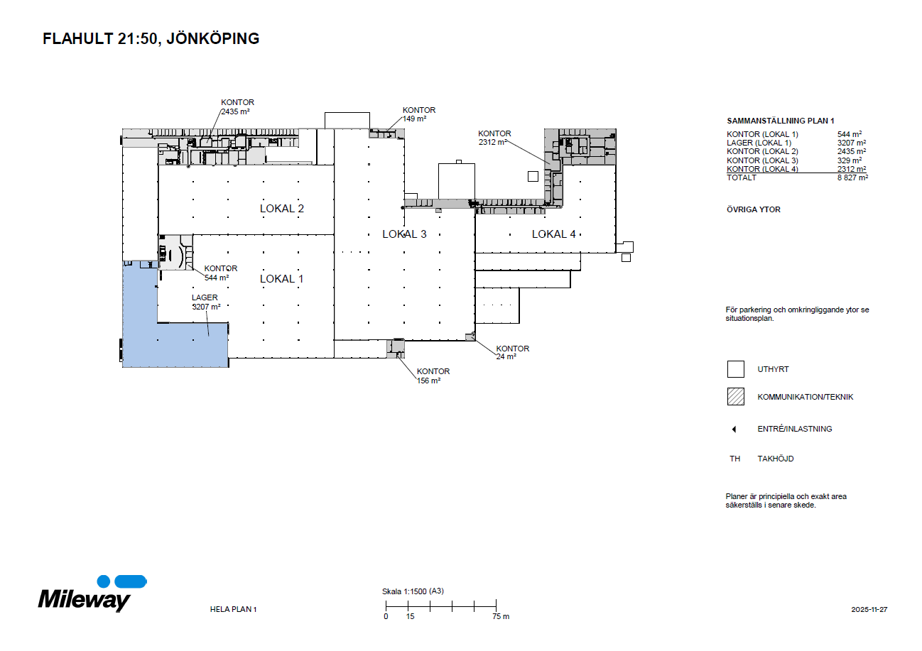 Planritning över en kommersiell byggnad i Jönköping som visar märkta kontors- och lagerutrymmen, entréer samt en legend för olika områden och symboler.