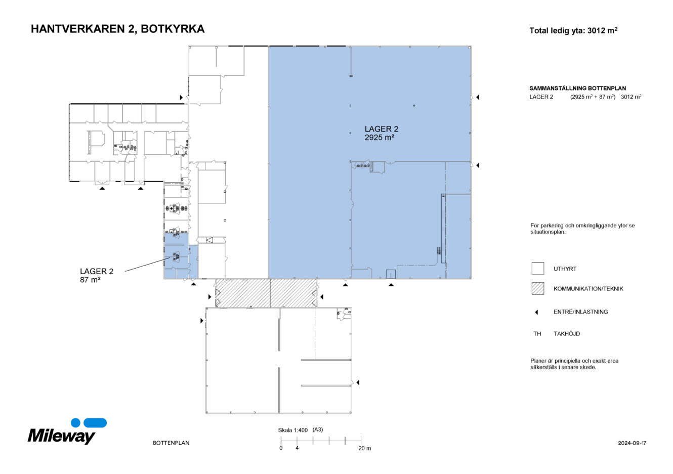 Planritning över Hantverkaren 2, Botkyrka, med tillgängliga lagerutrymmen markerade med blått: Lager 2 (2925 m²) och Lager 2 (87 m²), med teckenförklaring och Mileway-logotyp längst ned.