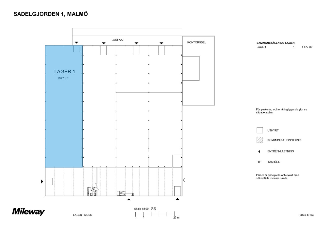 Planritning över ett lager i Malmö, med Lager 1 markerat i blått, med markerade zoner för kontor, lastområde och teknikutrymmen. Skala och teckenförklaring visas längst ned.