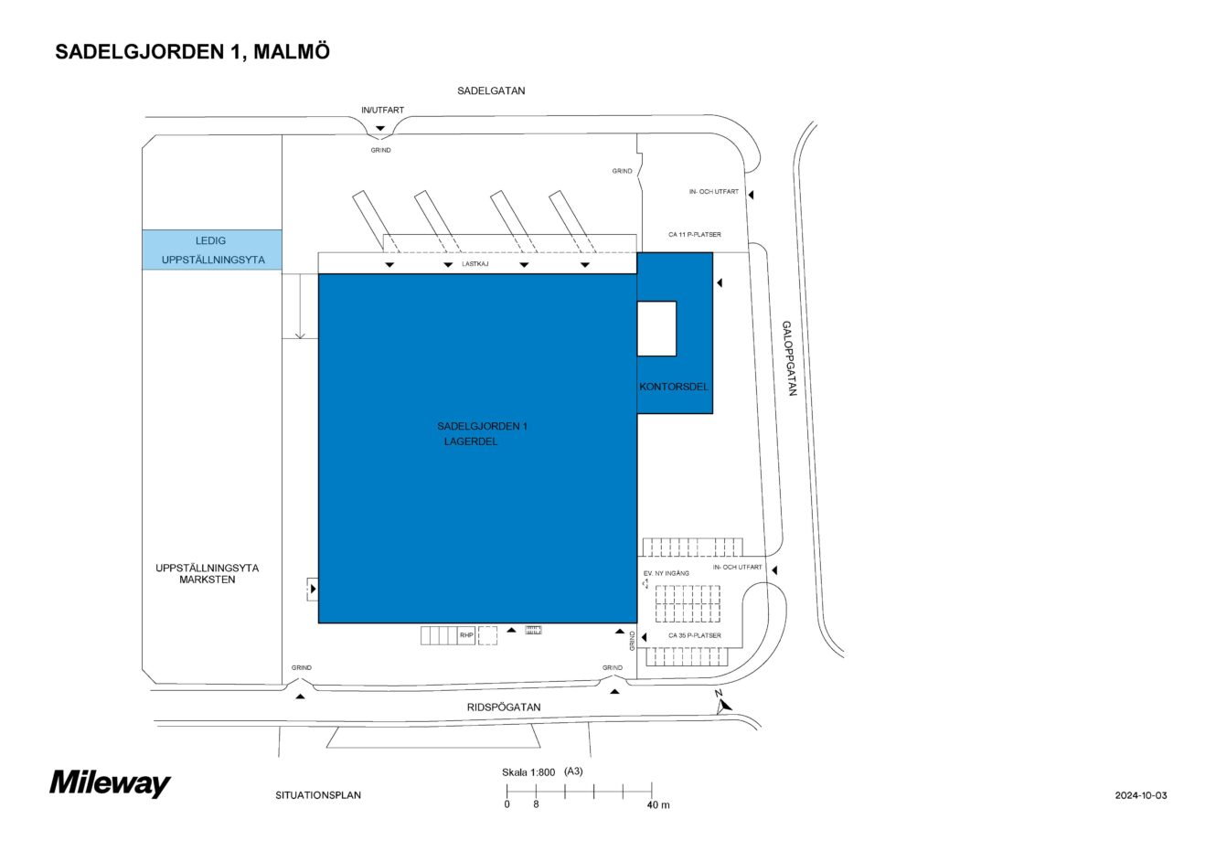Planskiss över Sadelgjorden 1 i Malmö med angivna lagerlokaler, kontor, parkeringar, lastzoner och omgivande vägar.