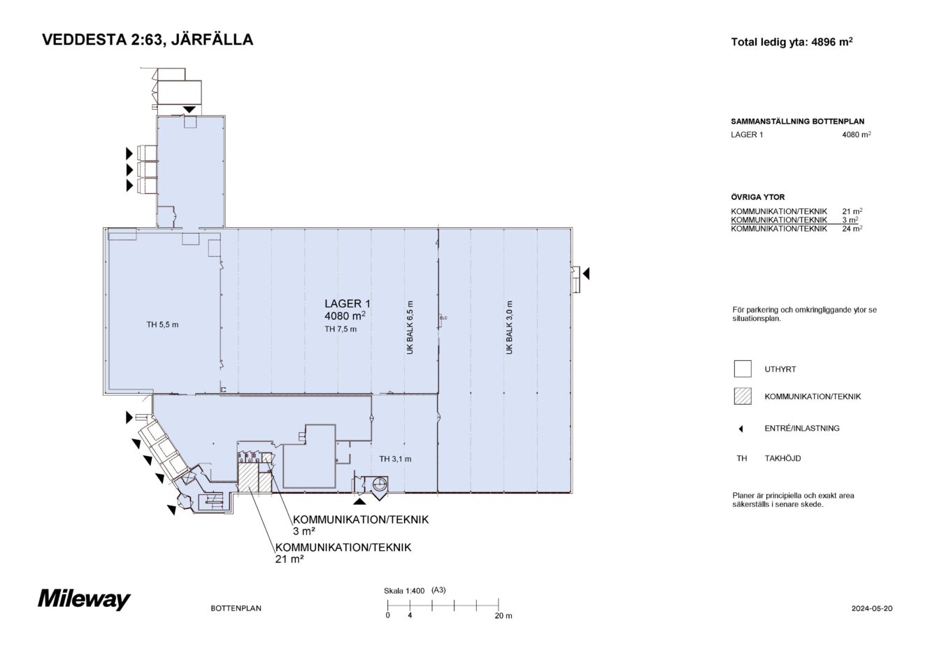 Planritning över en lagerlokal märkt VEDDESTA 2:63, JÄRFÄLLA med utpekade lager- och kommunikationsytor, med en total tillgänglig yta om 4 896 m².
