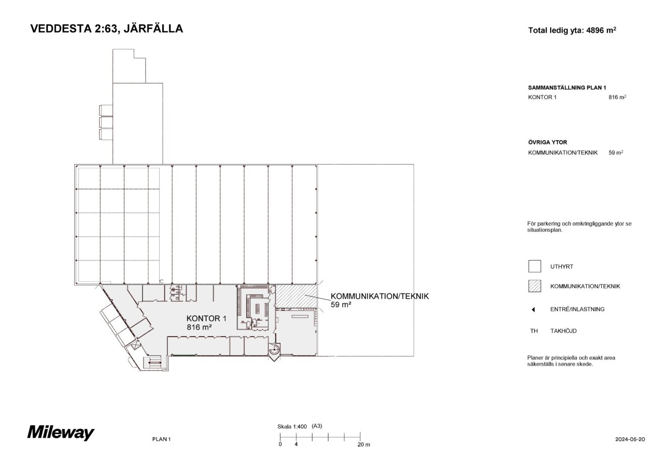 Planritning över Veddesta 2:63 i Järfälla som visar kontorsytor, kommunikationsytor och entré med en total tillgänglig yta om 4986 m².