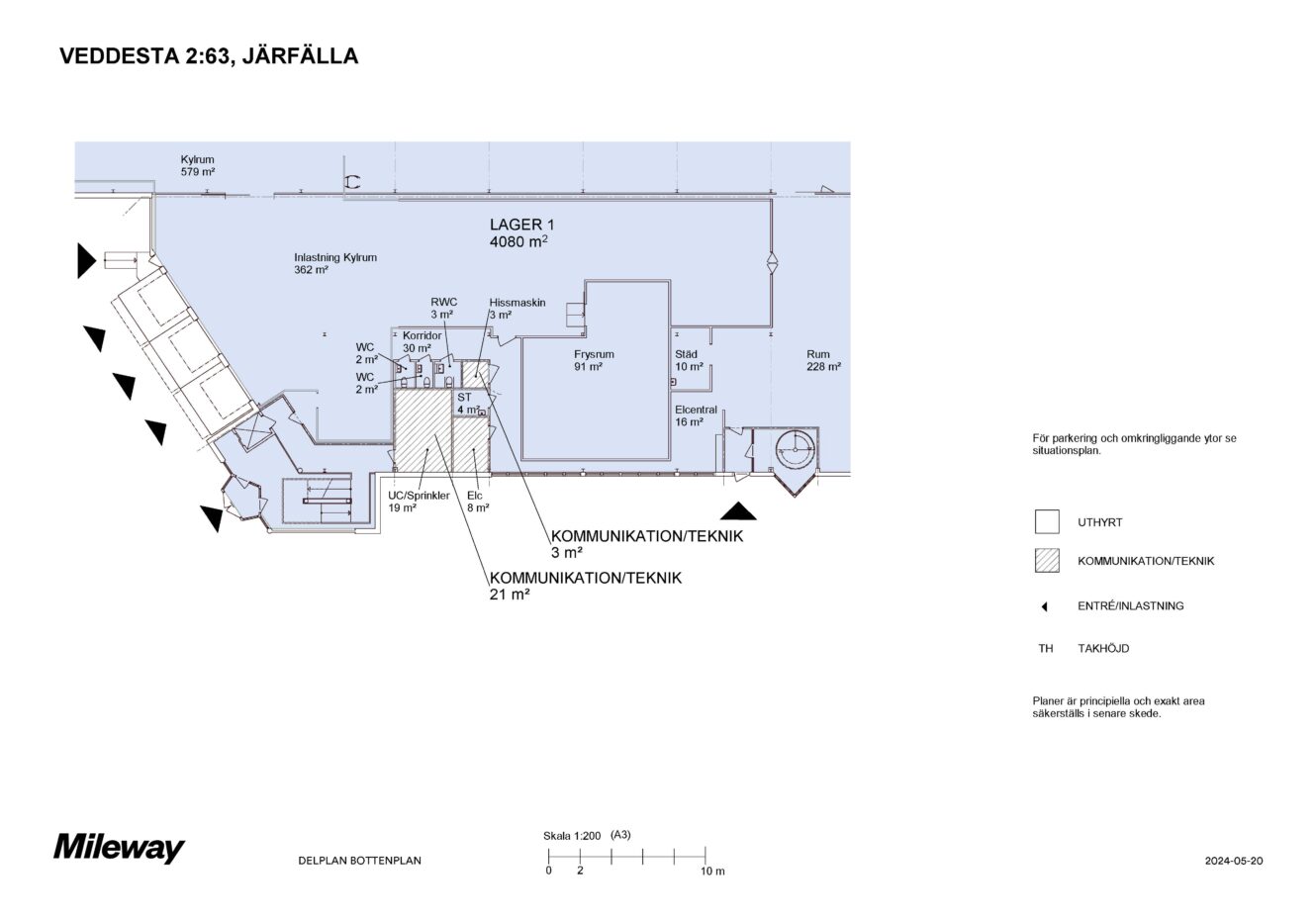 Planritning över ett lager med beteckningen Lager 1 med en yta på 4080 m², inklusive kommunikations-, service- och entréutrymmen samt markerade sektioner för evakuering, entré och tekniska rum.