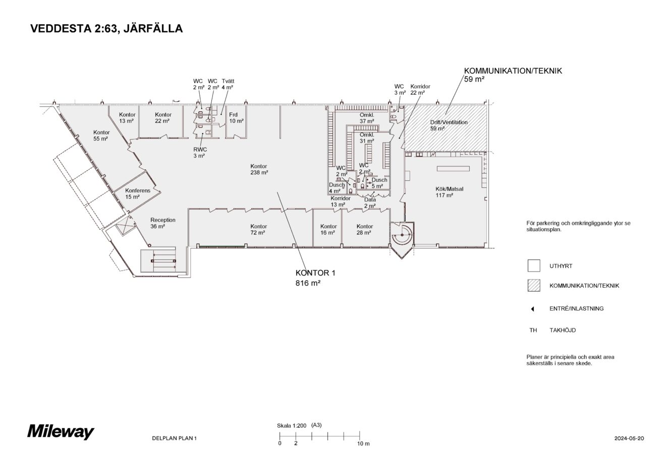 Arkitektritad planritning över kontorslokaler på Veddesta 2:63, Järfälla, med rum, entréer, toaletter, kök och teknikutrymmen med markerade mått och teckenförklaring.