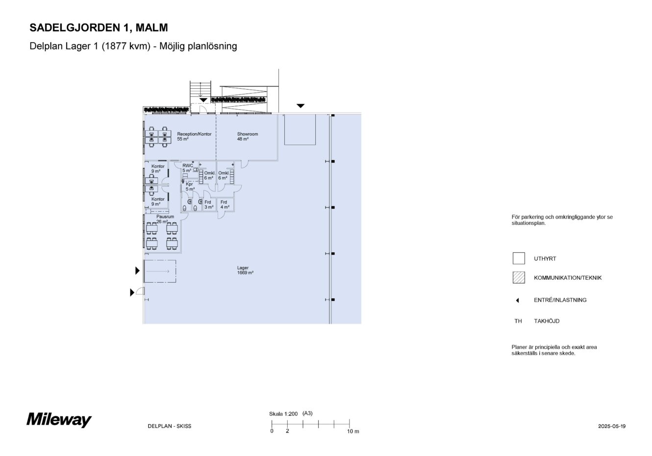 Planritning för Sadelgjorden 1, Malm, med lageryta, rum och entréer; teckenförklaring visar olika sektioner och kommunikationsvägar.