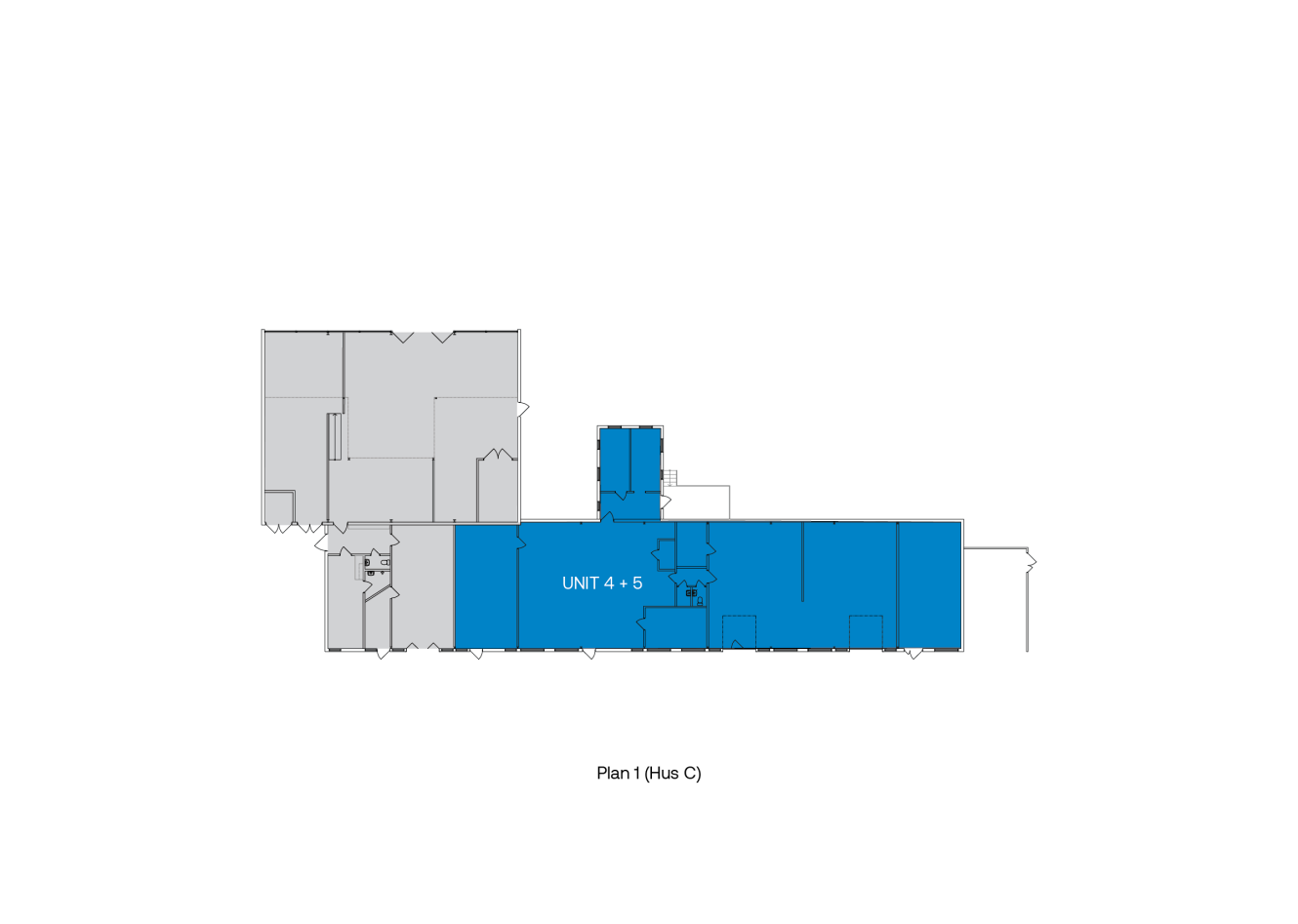 Planritning med UNIT 4-5 markerat med blått, omgivande ytor är gråmarkerade. Plan 1 (Hus C) är märkt under diagrammet.