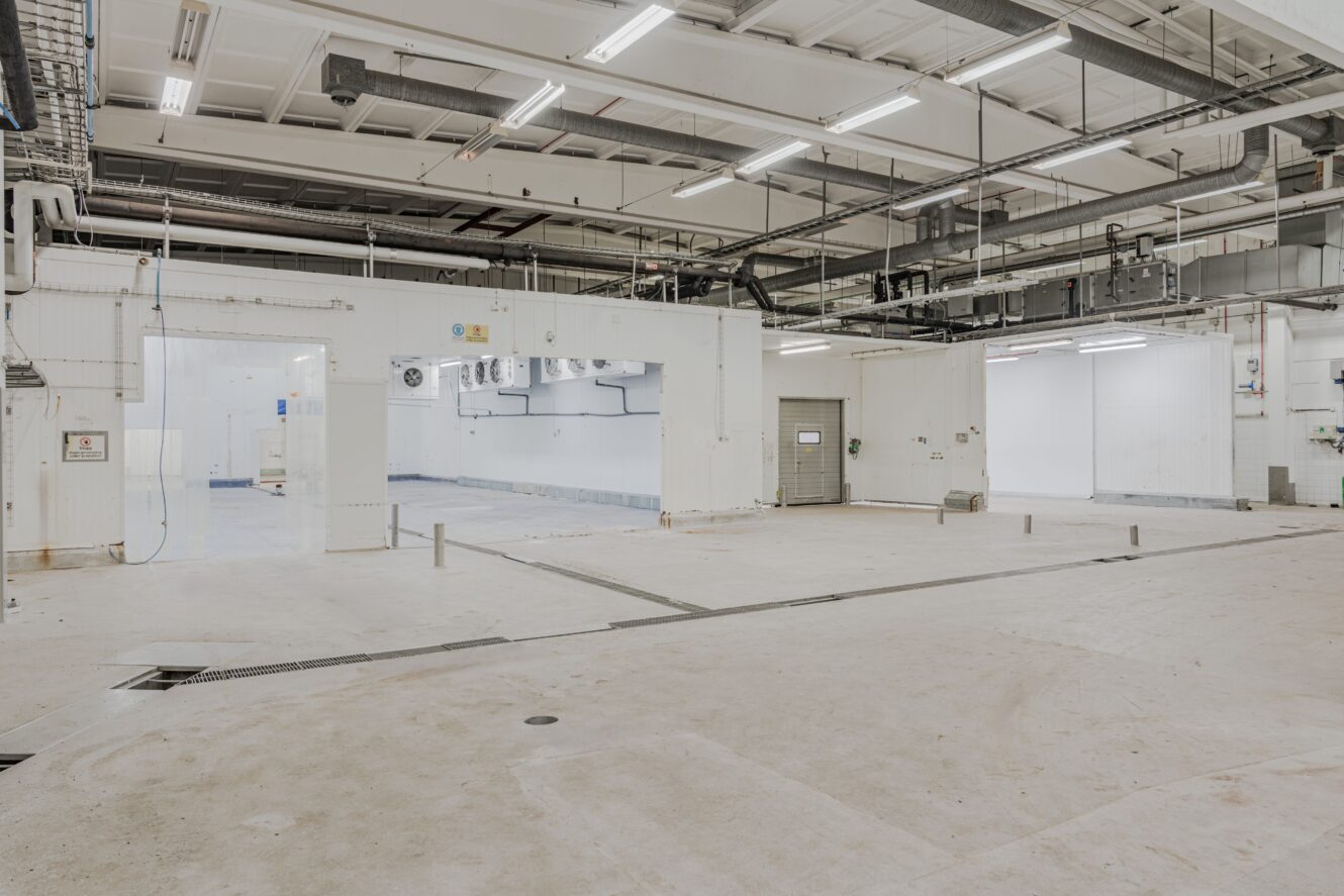 En stor, tom industrilokal med vita väggar, synliga rör och ventiler i taket, takbelysning och betonggolv.