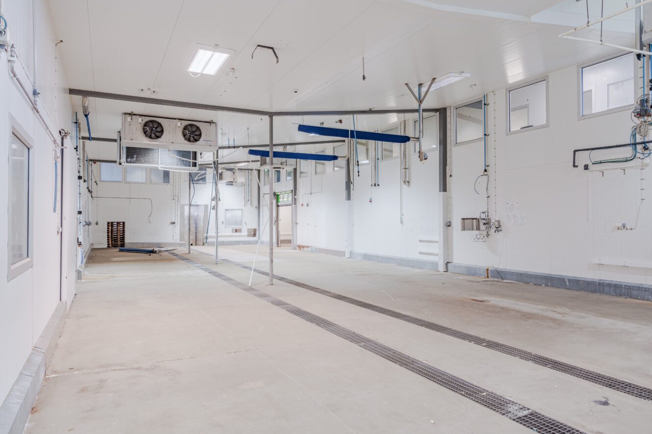 Tomt industriellt processrum med vita väggar, takarmaturer, takskenor, ventilationsfläktar och golvbrunnar.