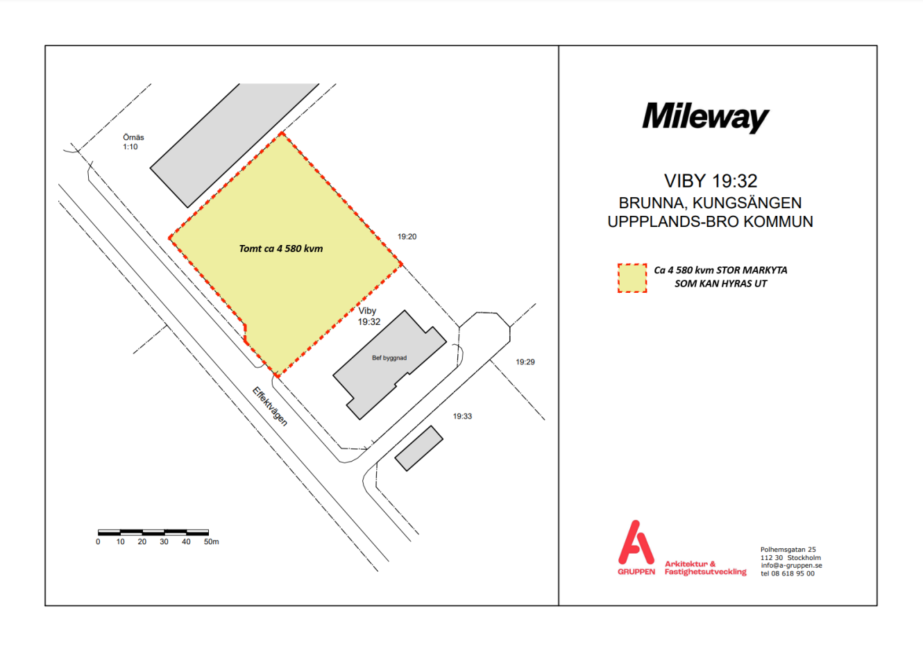 Karta som visar en 5.500 kvm stor tomt markerad med rött på Viby 19:32, Brunna, Kungsängen, Upplands-Bro Kommun, med närliggande vägar och byggnader markerade.