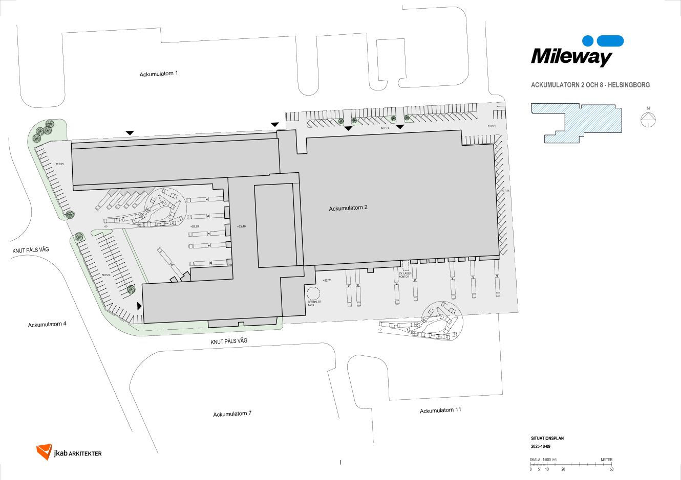 Situationsplan som visar en stor rektangulär byggnad märkt Mileway, med parkeringsplatser, uppfarter och intilliggande gator i Helsingborg.