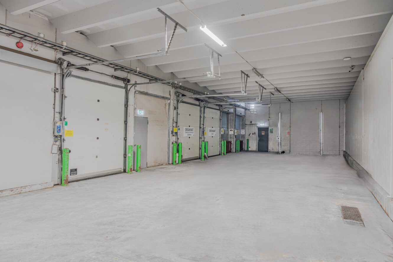 Rymlig tom lastkaj med flera garageportar, takbelysning, betonggolv och gröna lastbryggor.
