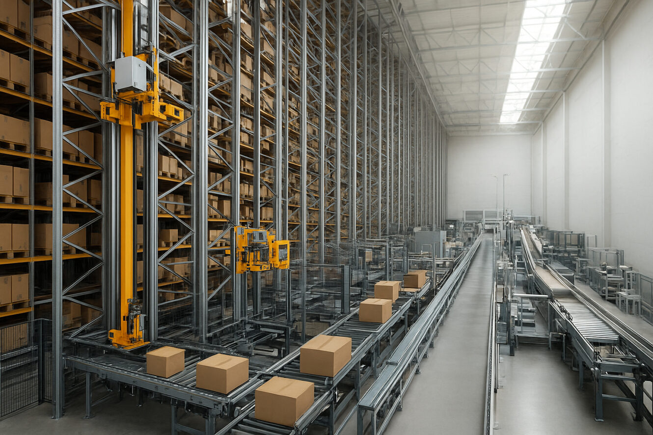 Automatiserat lager med höga hyllor, robotsystem och transportband som transporterar kartonger i ett stort, väl upplyst utrymme.