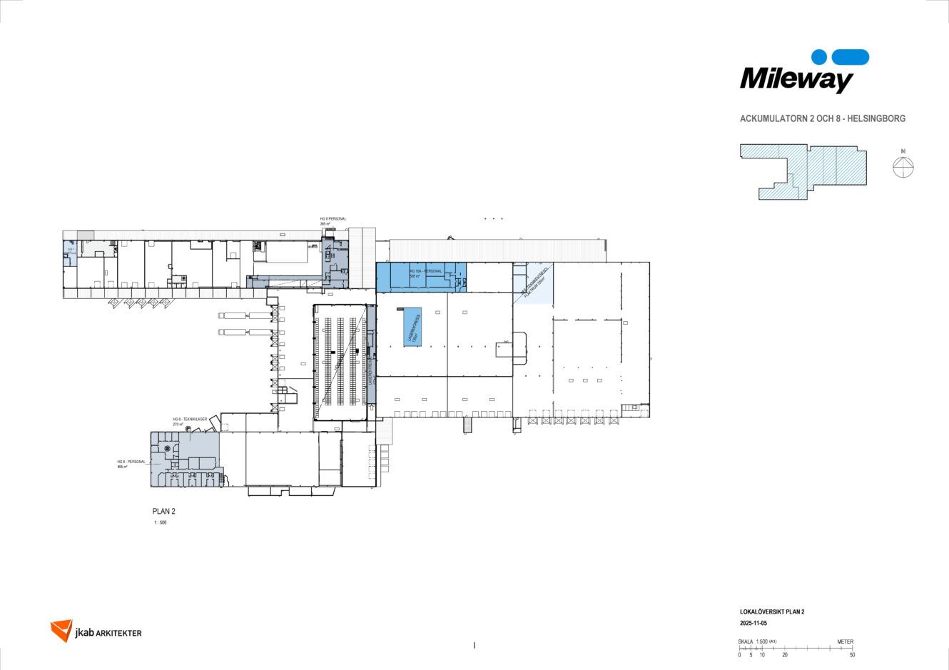 Arkitektonisk planlösning märkt Mileway, som visar olika rum, korridorer och faciliteter med markerade områden i blått. Innehåller en liten karta över platsen och skalhänvisning.