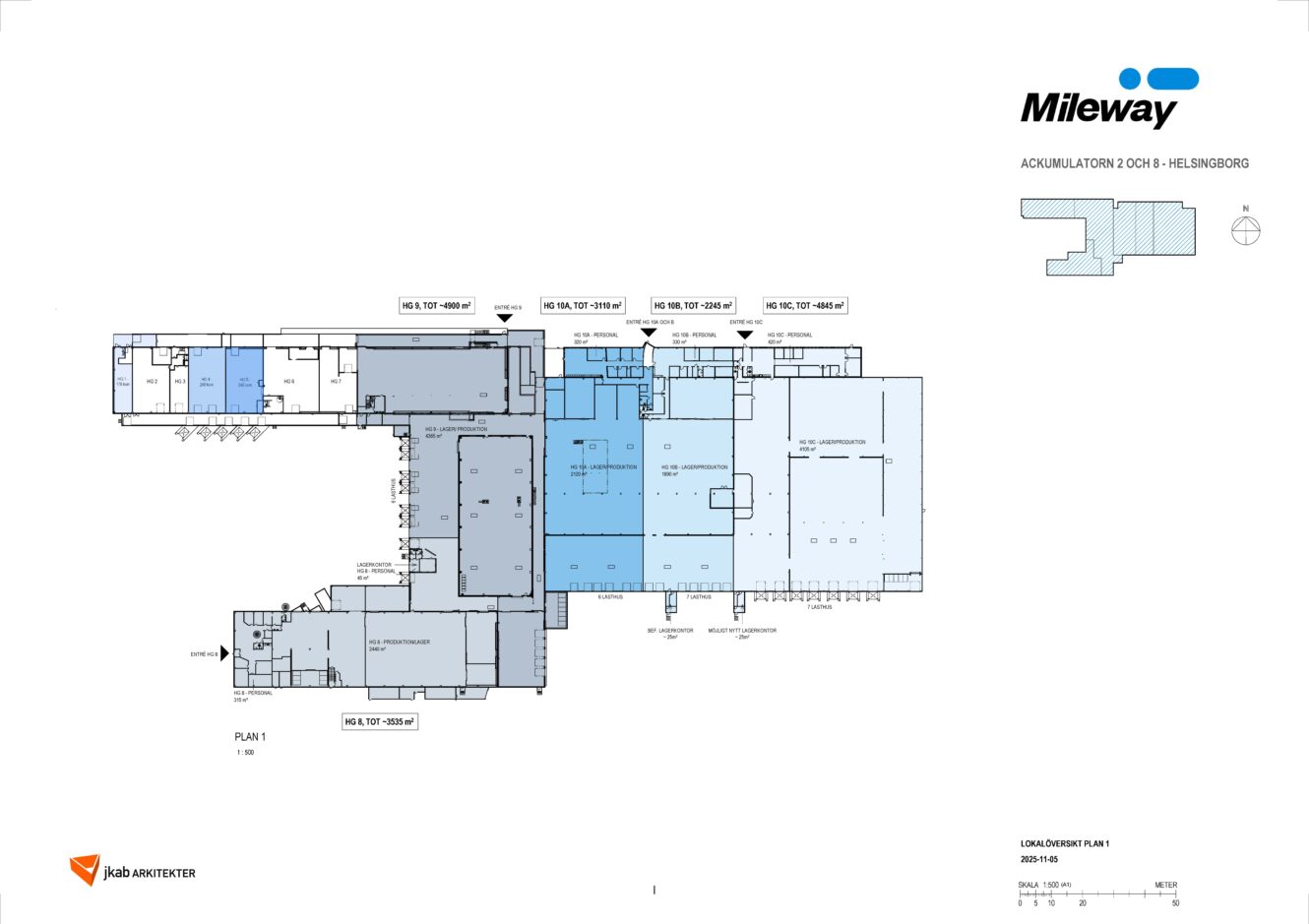 Arkitektonisk planlösning av en byggnad märkt Mileway, som visar olika rum, zoner och områden med olika nyanser av blått och grått för Helsingborg.