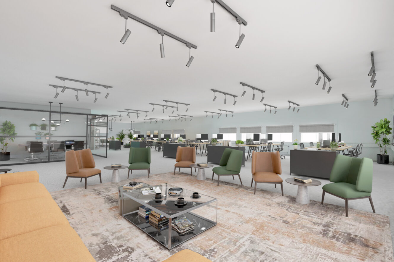 Modernt kontorslandskap med lounge i förgrunden, arbetsstationer i bakgrunden, stora fönster, glasväggar och genomgående inomhusväxter.