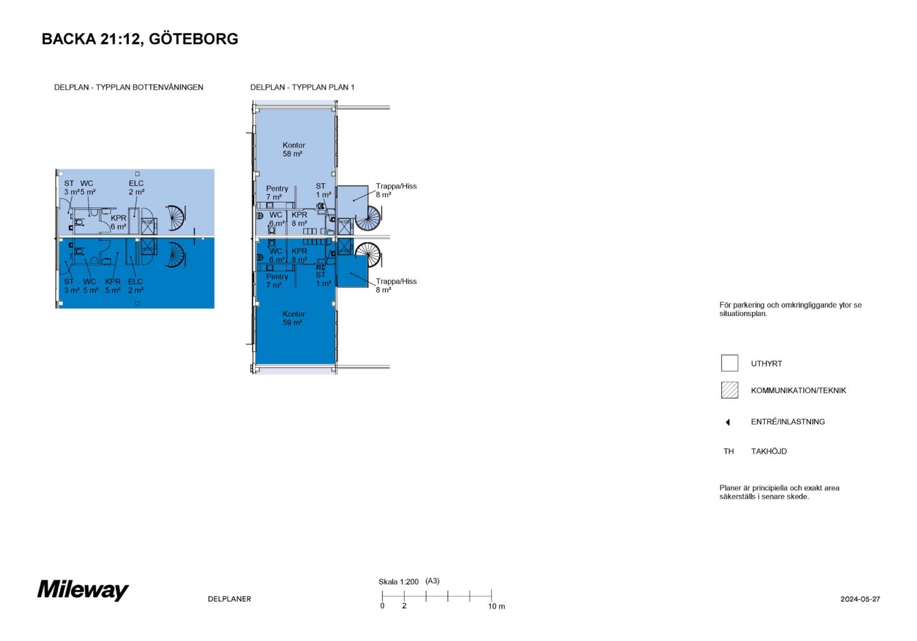 En planritning över Backa 21:12 i Göteborg som visar en detaljerad planlösning över två plan med rumsbeteckningar på svenska och en teckenförklaring som förklarar symboler för olika nyttigheter.