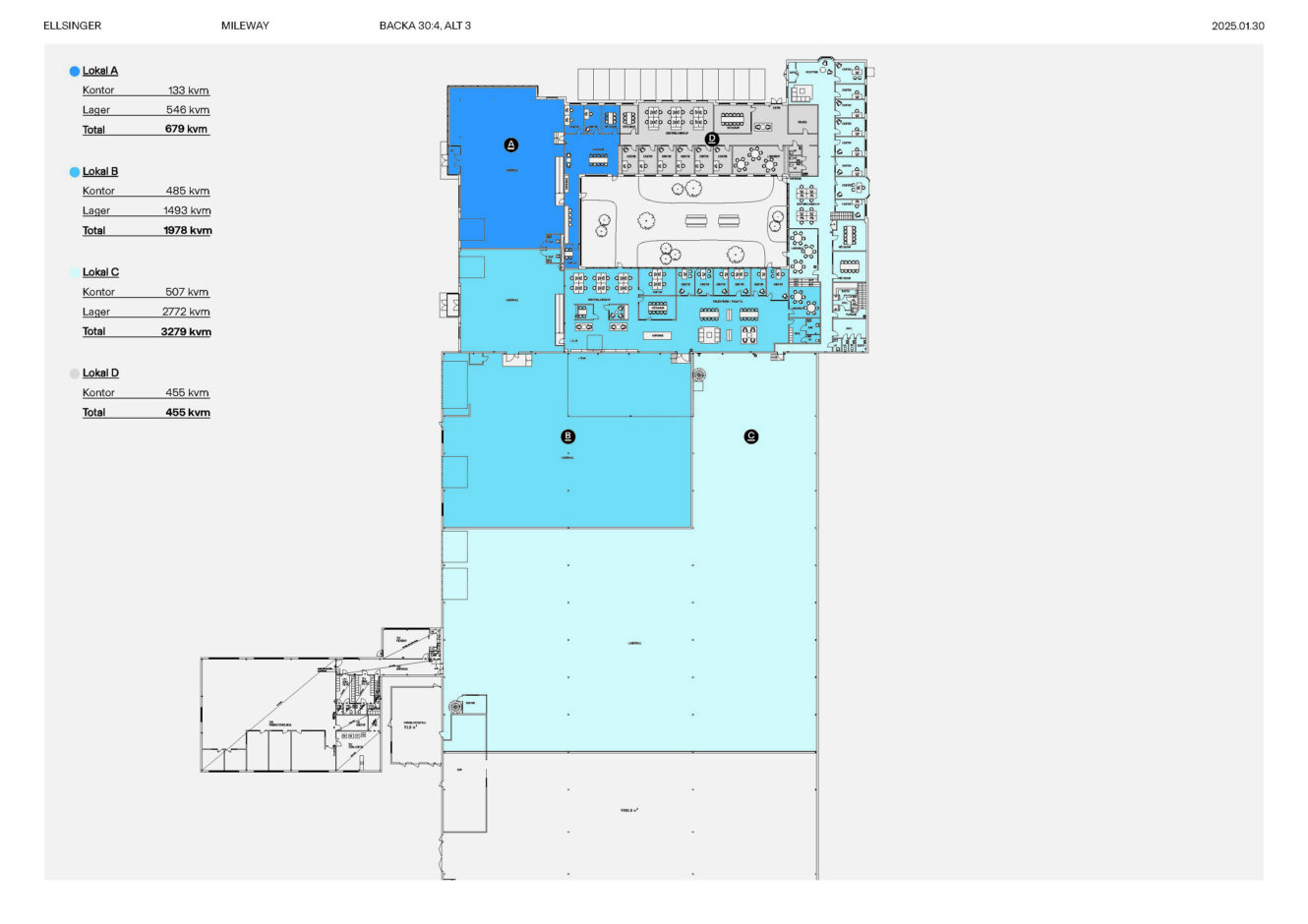 Planritning som visar olika märkta sektioner (Lokal A1, A2, A3, A4) markerade i blå nyanser med ytmått och olika rum, daterad 2023.03.20.
