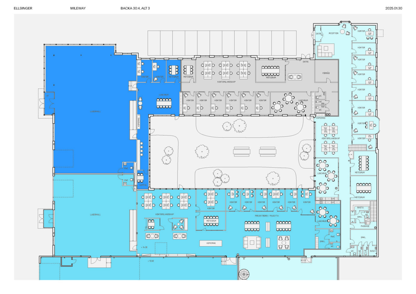 Planritning över en kontorsbyggnad som visar arbetsstationer, mötesrum, öppna samarbetsytor och bekvämligheter, med olika områden markerade i olika nyanser av blått.