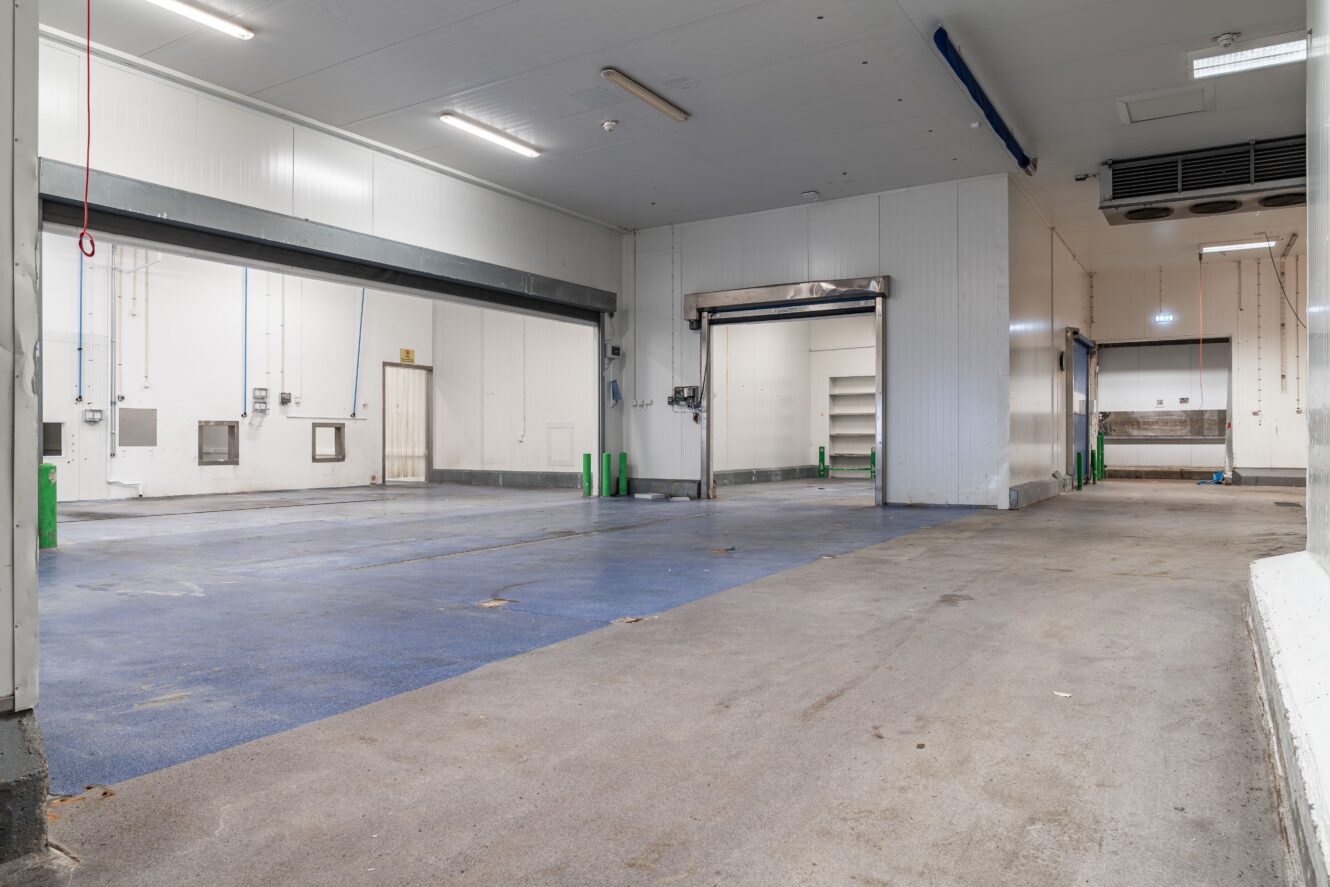 Stort, tomt industrirum med blått och grått golv, vita väggar, takbelysning och flera dörrar, inklusive en rullport och hyllor till höger.
