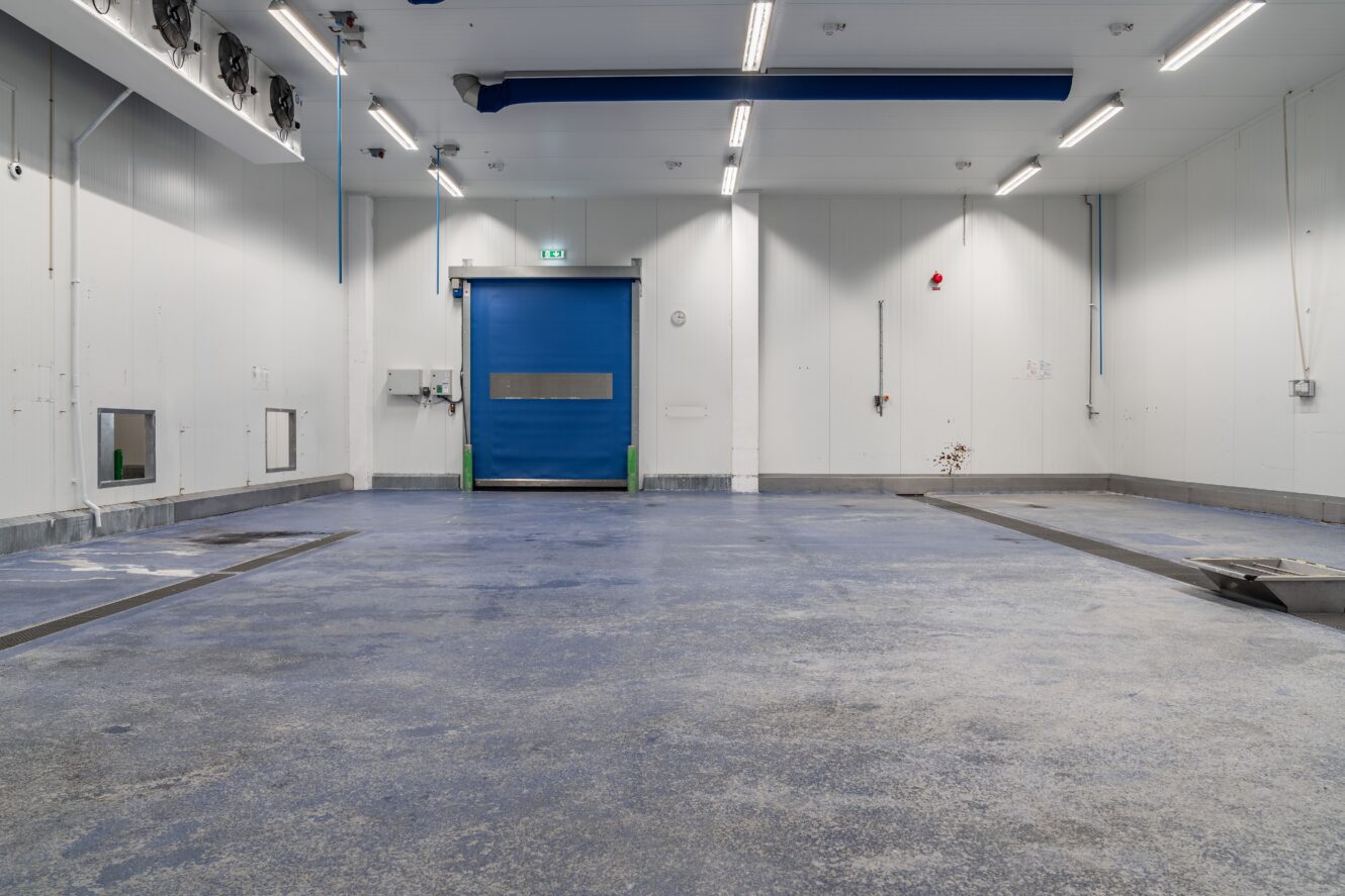 Ett tomt industriellt kylrum med vita väggar, blått golv, taklampor och en stor blå takskjutport längst bak.