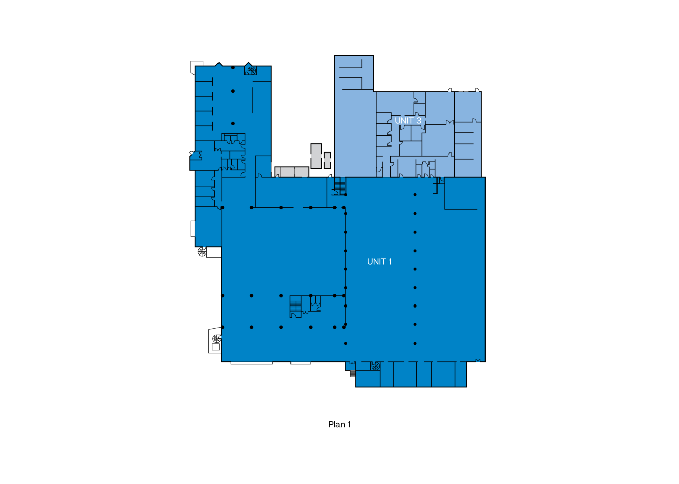 Planritning märkt Plan 1 visar en stor central UNIT 1 med flera mindre blåskrafferade rum och korridorer runt omkring.