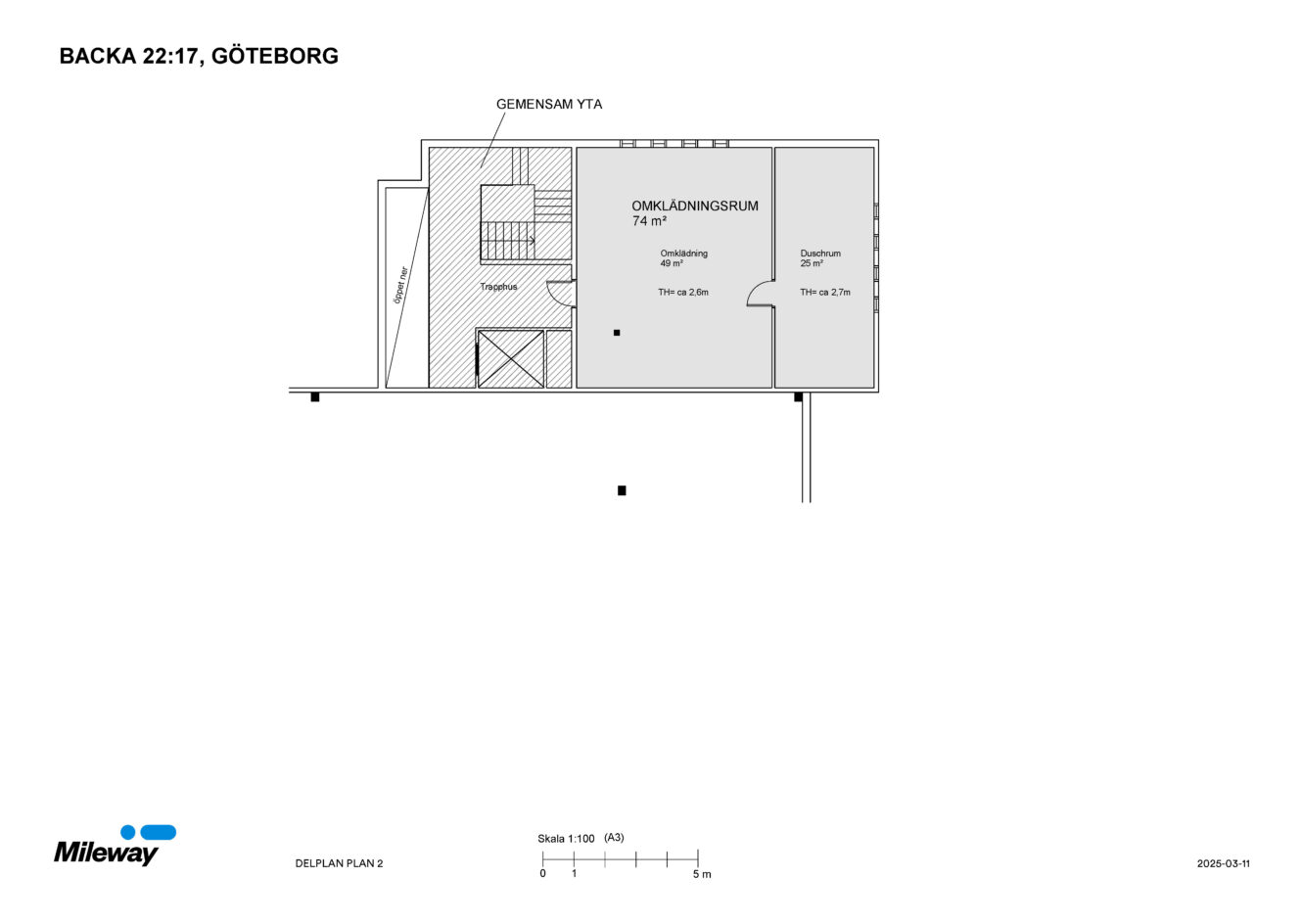 Plansektion för Backa 22:17, Göteborg, som visar omklädningsrum, WC, dusch och ett märkt gemensamt utrymme. Skala är 1:100. Mileways logotyp och datum ingår.