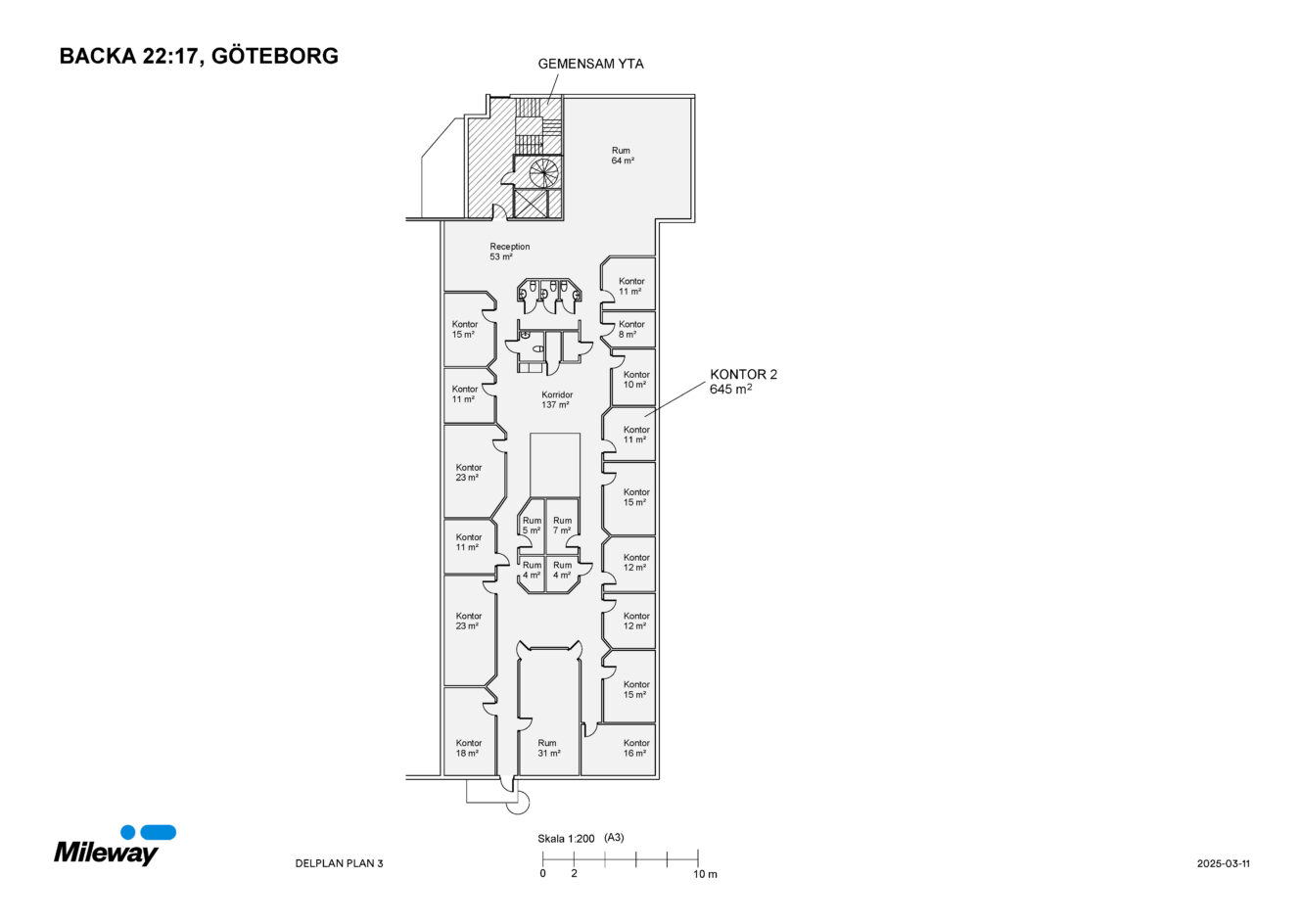 Planritning över en kontorslokal i Göteborg märkt Backa 22:17 med flera kontor, mötesrum, gemensamhetsutrymme, toaletter och kök; Mileways logotyp längst ner till vänster.