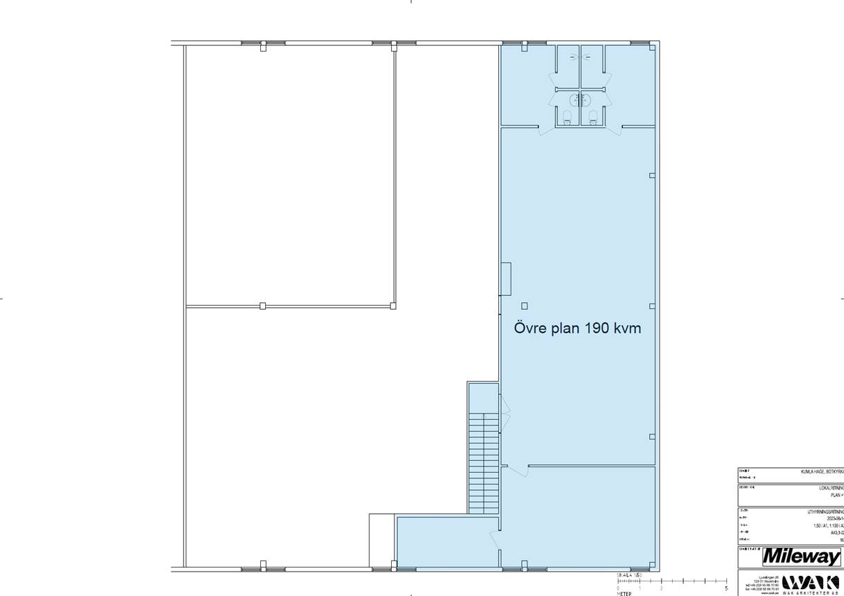 Ritning över en byggnads övervåning med 190 kvadratmeter markerade i blått, med trappuppgång och märkt "Övre plan 190 kvm". Mileway- och WAXA-logotyperna visas i det nedre högra hörnet.