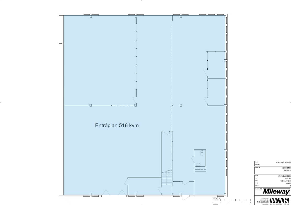 Planritning av en kommersiell planlösning märkt Entréplan 518 kvm med skisserade rum, trappor och dörrar. Mileways logotyp och projektinformation visas i det nedre högra hörnet.