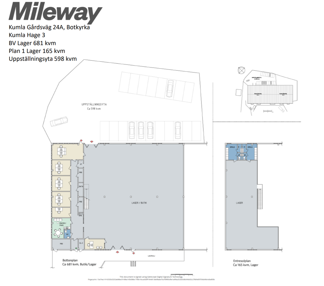 Planritning för en lagerlokal på Kumla Gårdsväg 24A, Botkyrka, som visar parkering, lagerytor, kontorsytor och entréer.