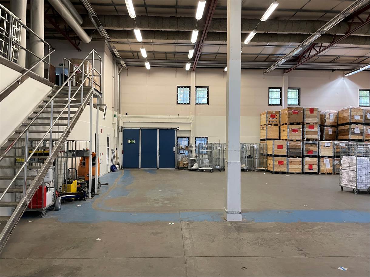 En lagerlokal med staplade pallar, lagerburar i metall, en trappa, högt i tak med belysning och blå dubbeldörrar på den bortre väggen.