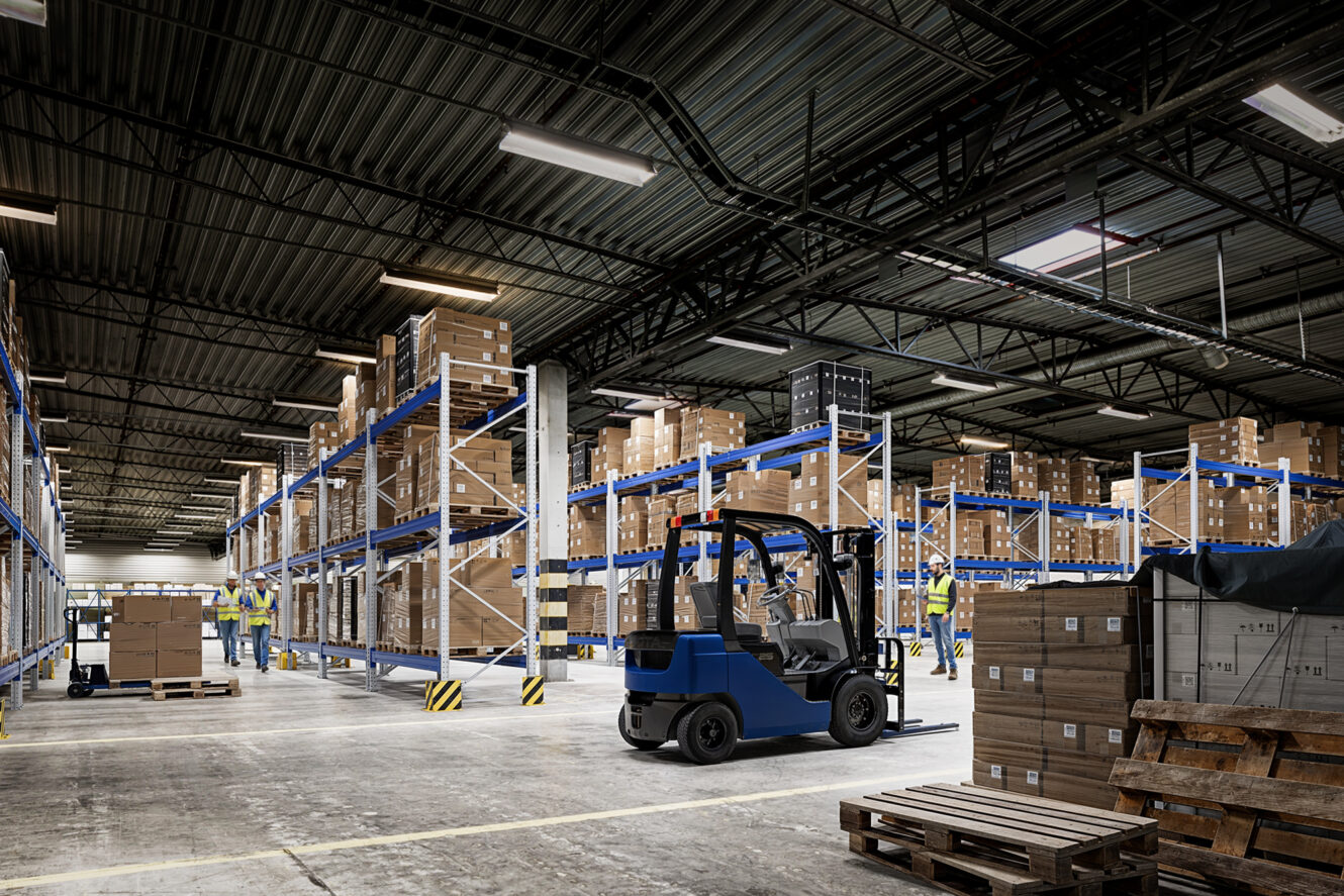 En rymlig lagerlokal med höga hyllor fulla av lådor, en blå gaffeltruck i mitten och arbetare i skyddsvästar som organiserar lagret.