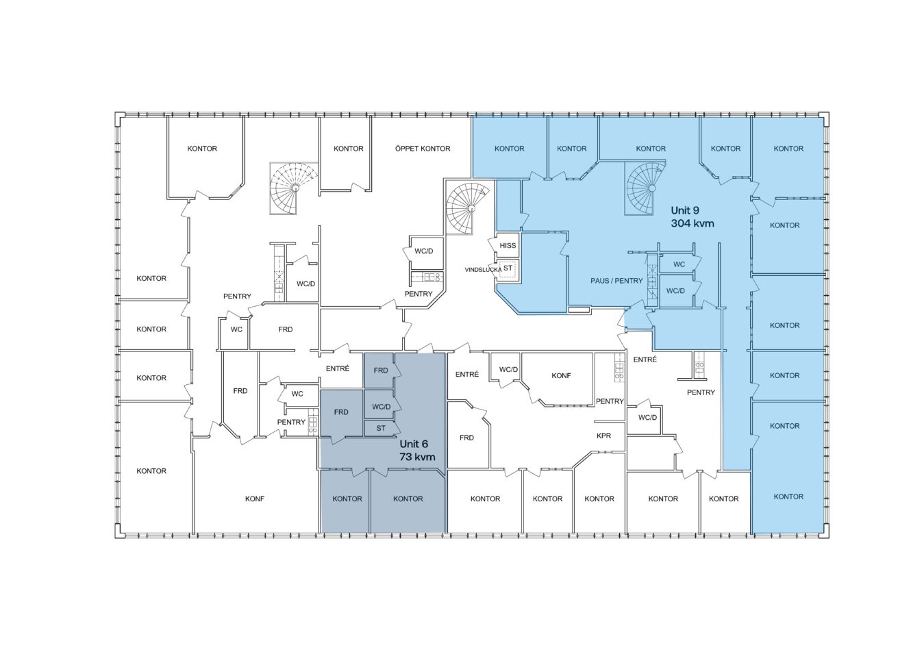 Planritning som visar olika märkta kontor; Unit 6 (73 kvm) och Unit 9 (304 kvm) är markerade med olika nyanser av blått.
