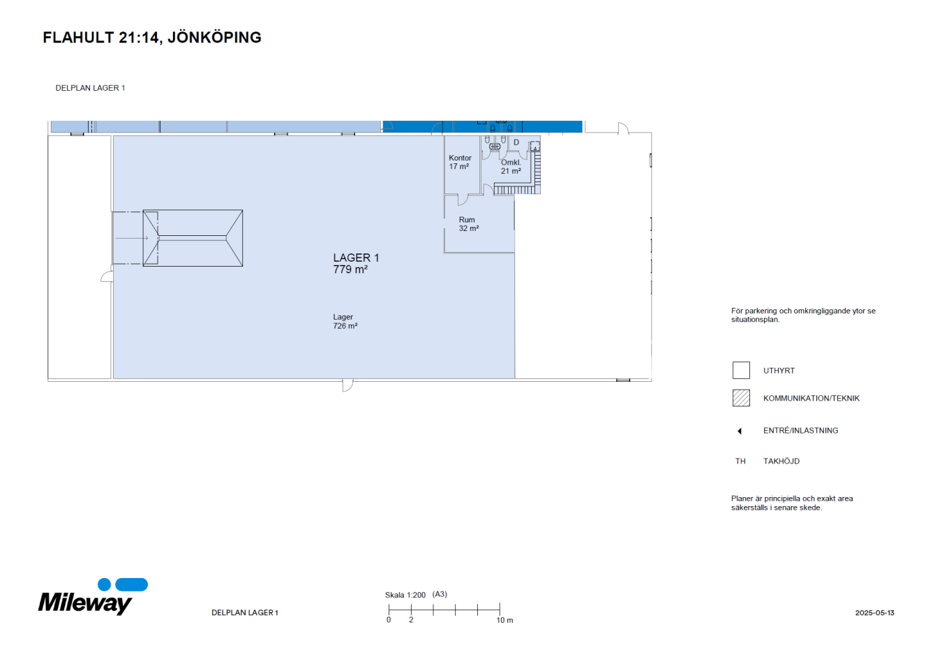 Planritning över en lagerlokal i Flahult, Jönköping, som visar en 779 m² stor lagerlokal, två rum, toalett, tvättutrymmen samt markerade parkerings- och tvättutrymmen.