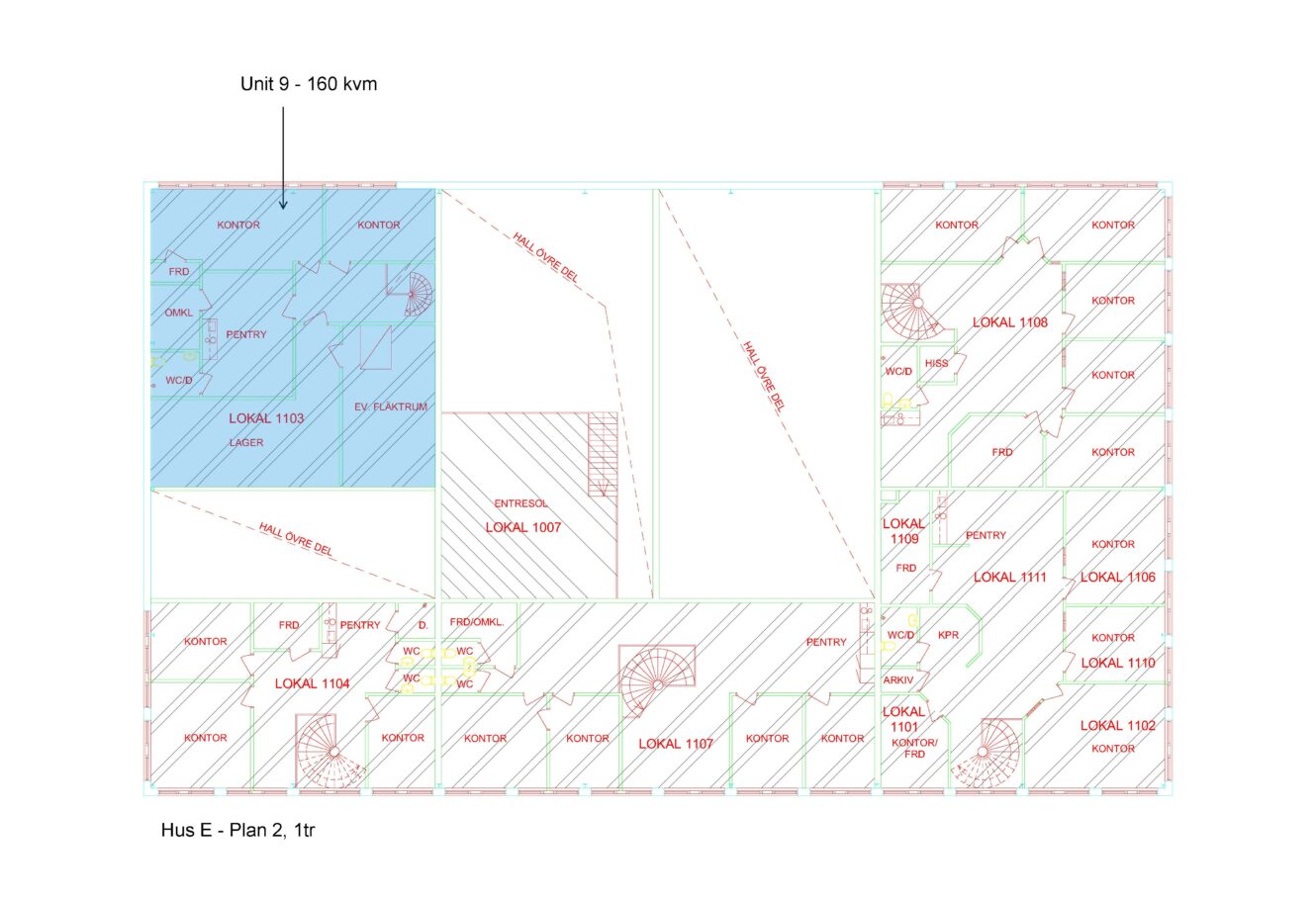 Arkitektonisk planritning för Hus E, Plan 2, 1:a våningen, som visar Enhet 9 (160 kvm) med olika märkta rum såsom kontor, WC/D och tekniska utrymmen.