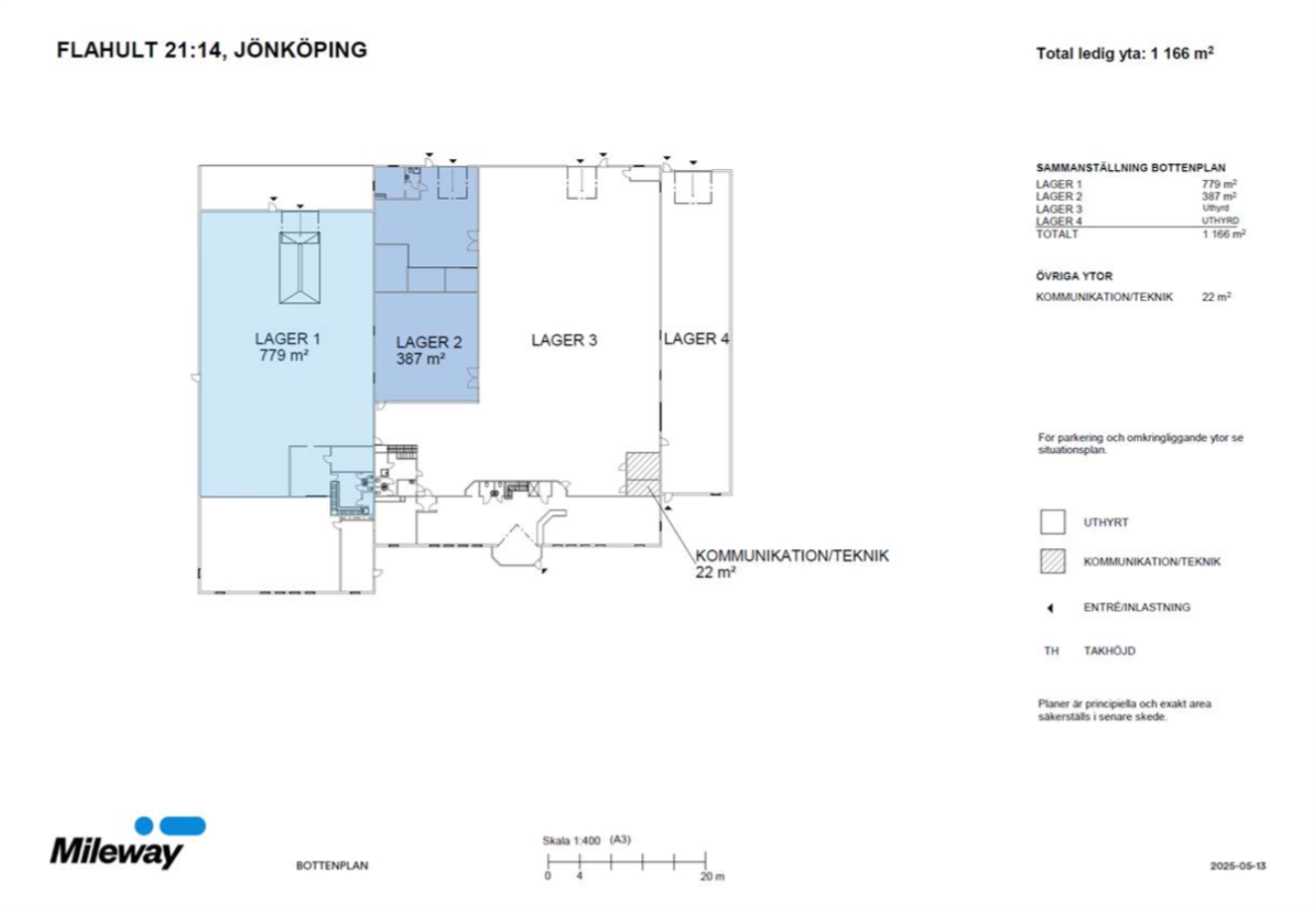 Planritning över ett lager i Jönköping med fyra lagerytor, kommunikations-/teknikutrymme samt en sammanställning av ytmått i kvadratmeter.