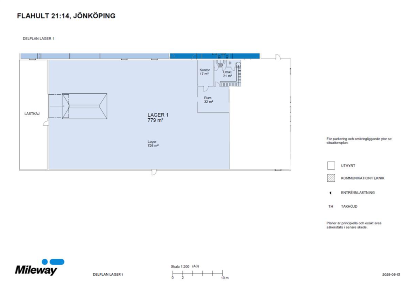 Planritning över en lagerlokal i Jönköping med stor lageryta, lastkaj, kök, toalett, tvättstuga och teknikutrymme.