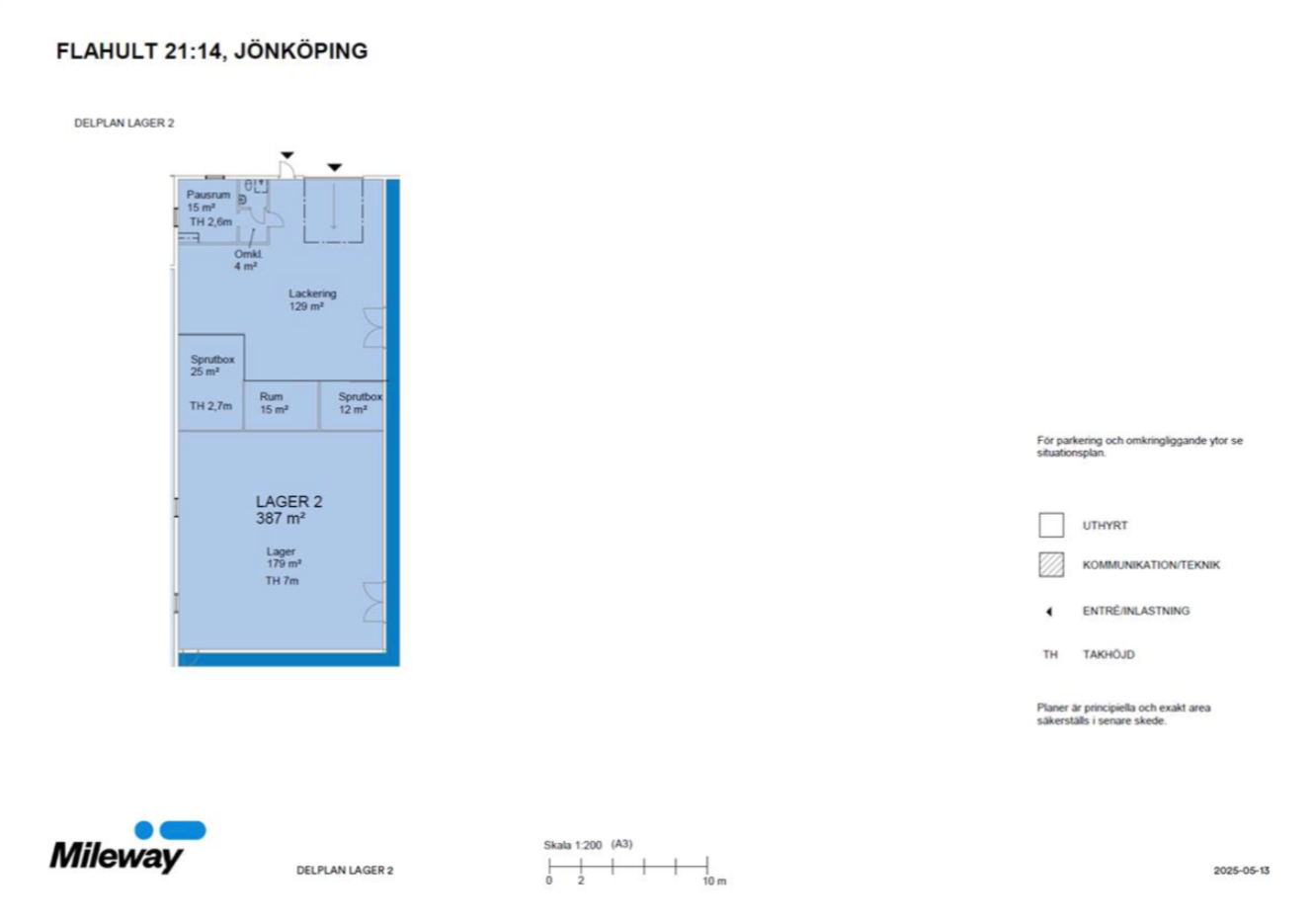 Planritning över ett lager i Jönköping som visar märkta rum, förvaringsutrymmen och anläggningsfunktioner med mått i kvadratmeter. Mileways logotyp längst ner till vänster.