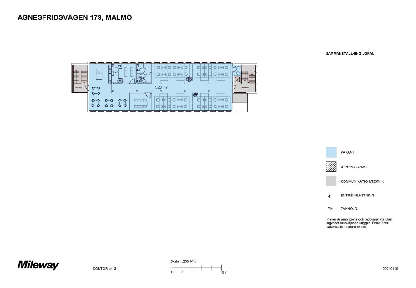Planritning över ett kontor på Agnesfridsvägen 179 i Malmö, som visar lediga och upptagna ytor, mötesrum, toaletter, teknikrum samt en färgförklaring.