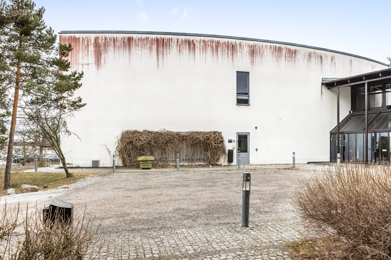 En stor, vit, svängd byggnad med vertikala fläckar på den övre väggen, ett enda fönster, en dörr och torkade vinrankor längs marken; gles trädgårdsskötsel och en kullerstensyta framför.