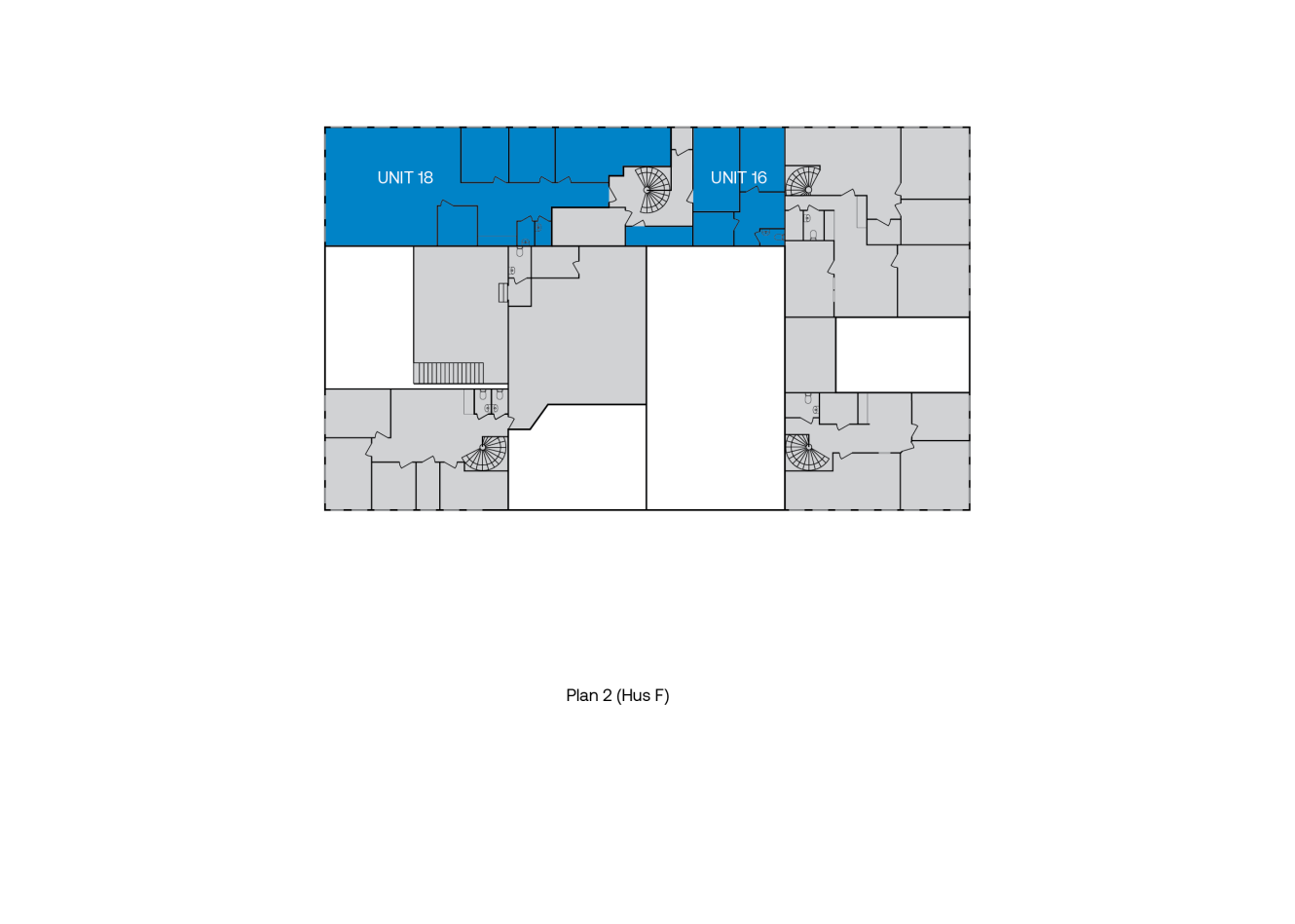 Planritning där Unit 18 och Unit 16 är markerade med blått och övriga enheter med grått. Texten nedan lyder Plan 2 (Hus F).