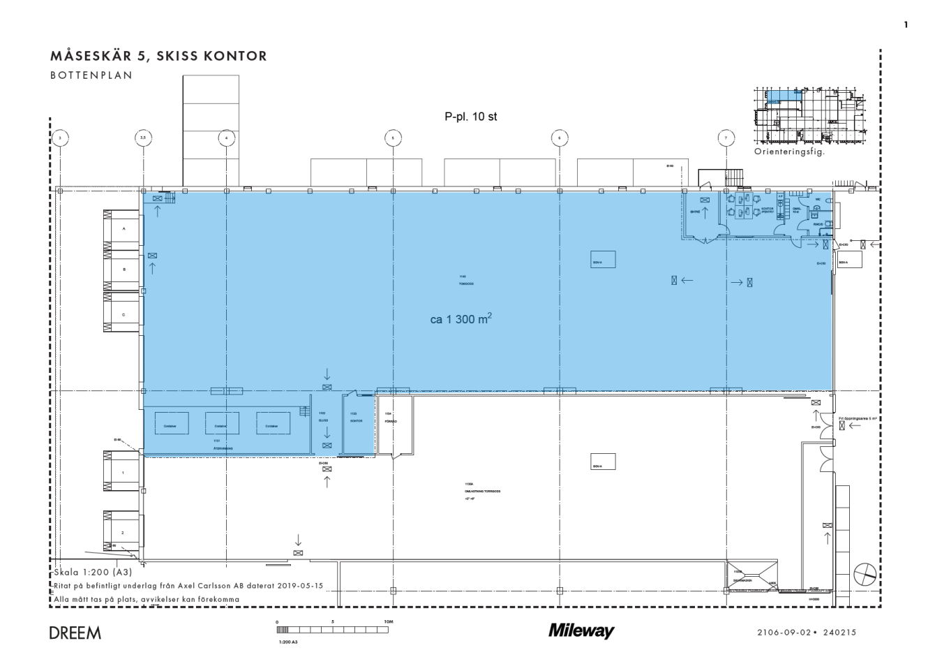 Arkitektonisk planritning märkt Måseskär 5, Skiss Kontor som visar en skuggad kontorsyta om cirka 1300 m², med markerade entréer, arbetsytor och verktyg.