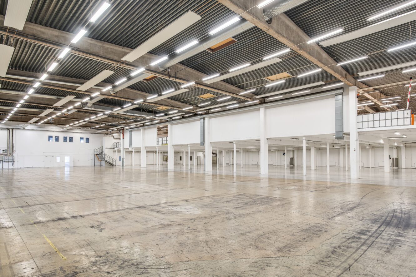Rymlig, tom industrilagerinredning med betonggolv, högt i tak, synliga balkar och lysrörsbelysning.