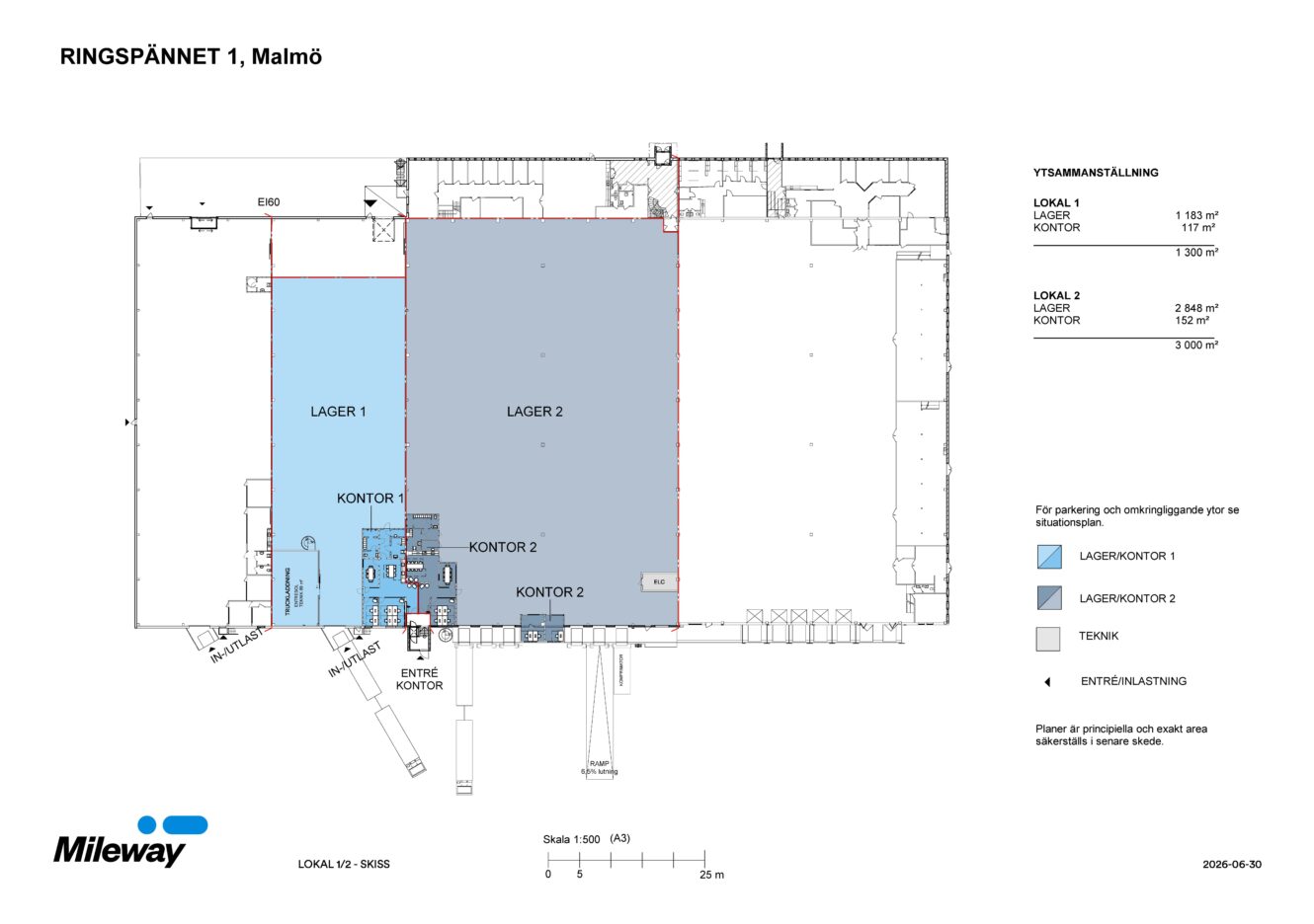 Planritning över Ringspännet 1 i Malmö med markerade lager- och kontorsutrymmen, ingångar samt en förklaring till beteckningarna ”Lager/Kontor”.